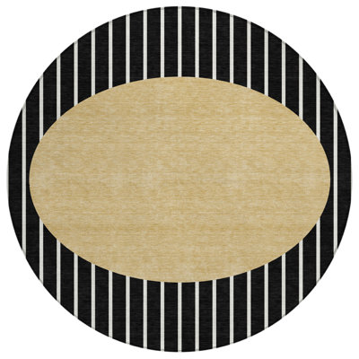 8' Black And Beige Round Striped Washable Indoor Outdoor Area Rug