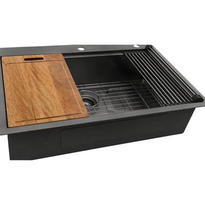 36Inch Black Stainless Steel Drop In Sink - 16 Gauge With Coating And Deep Bowl Design Padding Efficient Drainage