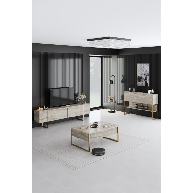 Ensemble de mobilier de salon moderne (3 pièces) | Travertin et finition dorée | Meuble télé (70,9 x 11,8 x 18,5 po), table basse (35,4 x 15,4 x 15,7 po), commode (47,2 x 31,5 x 11,8 po) | Panneau de particules 100% enduit de mélamine, pieds en métal durables, design élégant