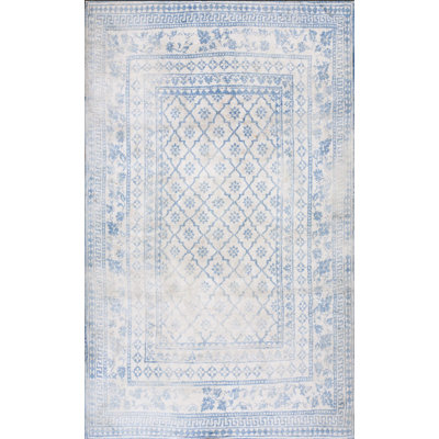 Tapis Agra indien antique en coton délavé bleu clair et blanc