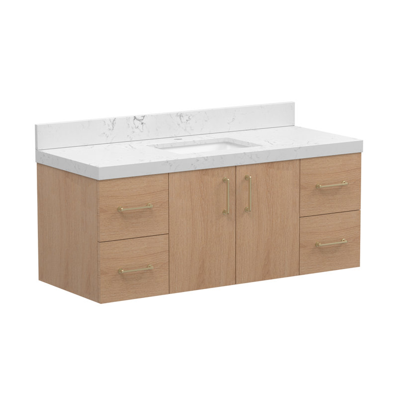 48 po Meuble-lavabo mural moderne avec comptoir en pierre d'ingénierie et lavabo en céramique