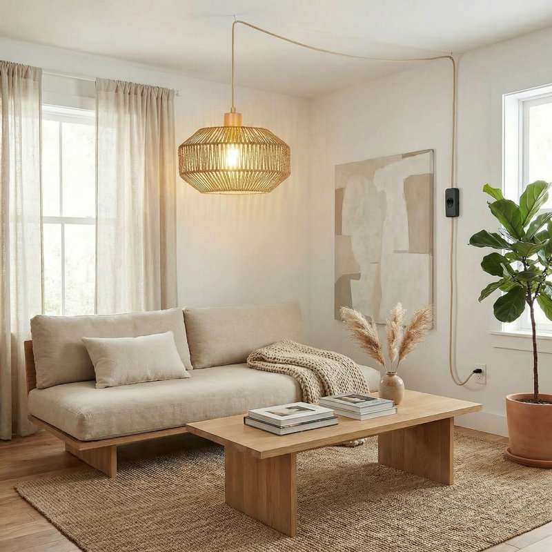 Plug In Pendant Light Paper Woven Rattan Hanging Lights Boho Hanging Lamp Rustic Farmhouse Pendant Lights For Kitchen Dining Room Bedroom Entryway, With 3-Way Dimmable Bulb (Woven)