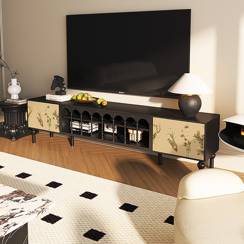 Meuble télé avec rangement peint français rétro, H 21,26 po x L 78,74 po x l 15,75 po, Noir, noir, noir, noir