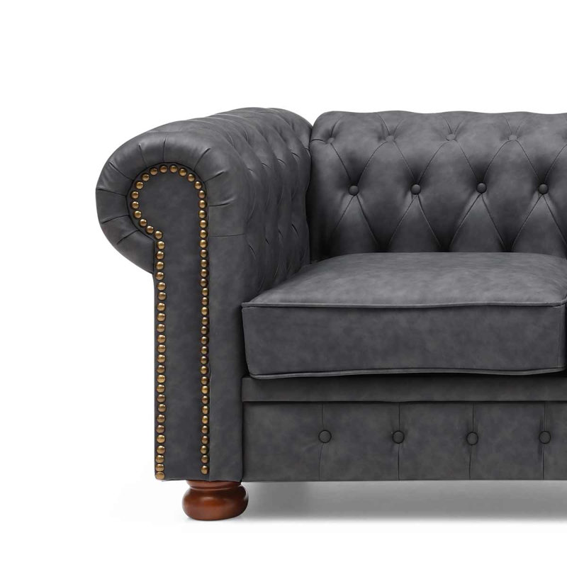 Canapé Chesterfield à accoudoirs roulés 88,5 po Uda, Similicuir gris foncé