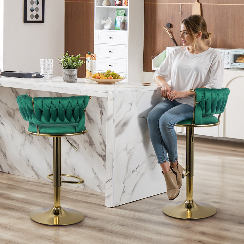 Swivel Upholstered Adjustable Height Bar Stool, Green, 2