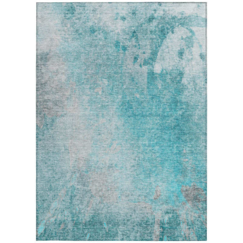 3' X 5' Teal Abstract Washable Non Skid Indoor Outdoor Area Rug
