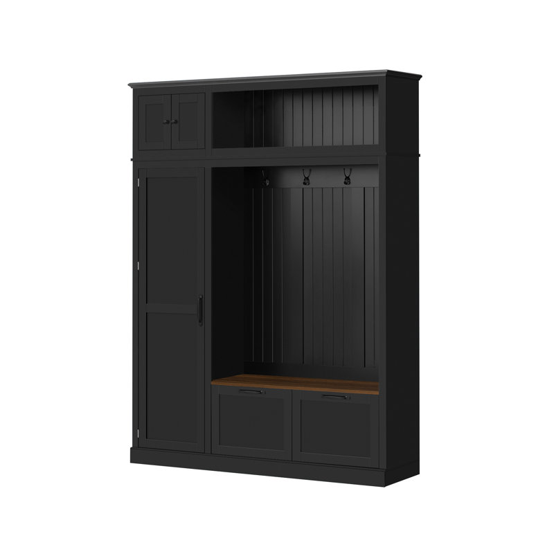3-In-1 Hall Tree With Overhead Storage Cabinet, 3 Adjustable Side Shelves, 4 Heavy-Duty Hooks, 2 Spacious Drawers, Grooved Back Panel Design, Contrasting Seat Bench, Multifunctional Entryway Organizer