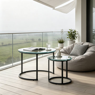 Ensemble de 2 tables basses gigognes rondes, table d'appoint en bois de noyer avec pieds réglables pour l'intérieur et l'extérieur