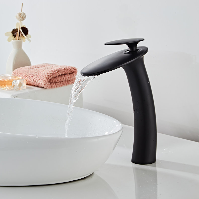Waterfall Single Hole Bathroom Faucet With Deck Cover Plate With Pop Up Drain Assembly, Matte Black