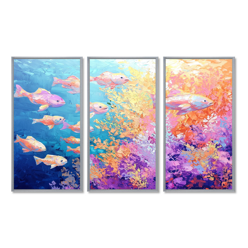 Coral Reef Fish Paradise VII - Ensemble de décorations murales corail, Argent argent, Reproduction avec cadre flottant
