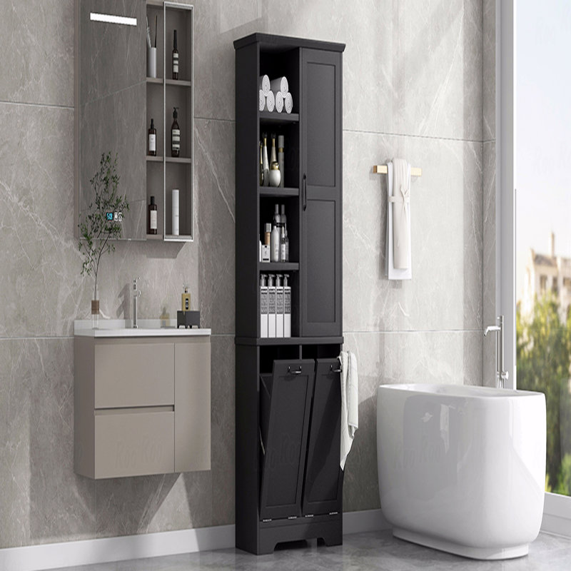 Armoire de rangement de salle de bain avec portes et tiroirs, panier à linge inclinable, plusieurs espaces de rangement, style autoportant, tablettes ouvertes, tablettes réglables