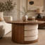 Table basse ronde en bois 31,5 "avec 3 tabourets gigognes en tissu Teddy, ensemble de table centrale multifonctionnel avec rangement caché Farmhouse