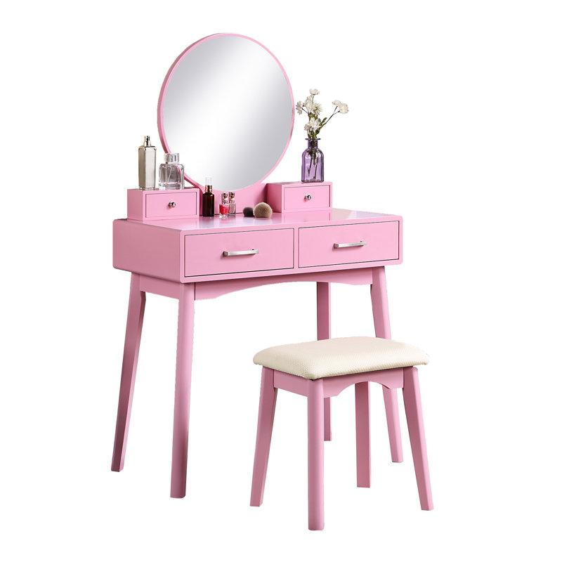 Coiffeuse et tabouret en bois rose - Aspect contemporain avec cadre de tiroir en métal, Rose
