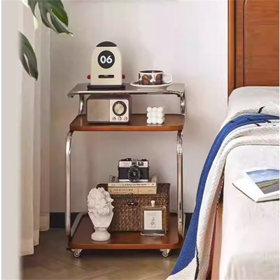 3-Layer Sofa Small Side Table, Wooden Bedside Table Snack Side Table With Storage Rack, Household Side Table Trolley With Wheels Living Room Antique Sofa Coffee Table Corner Table