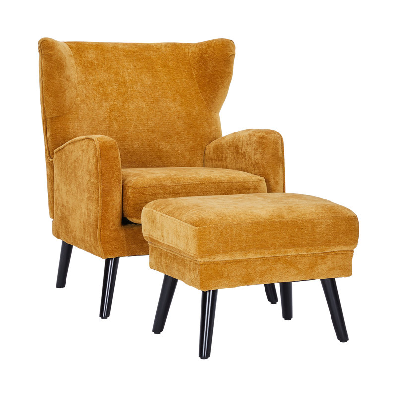Upholstered Wingback Chair with Footstool, Yellow Chenille