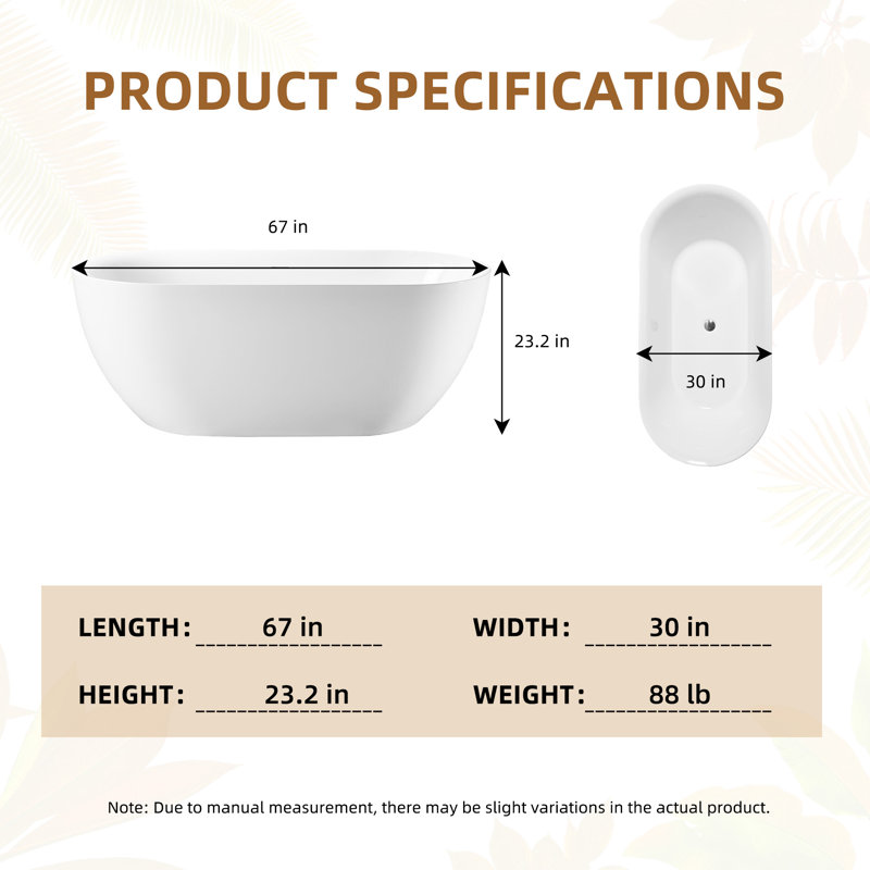 67" x 30" Freestanding Acrylic Bathtub