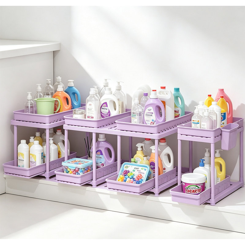 Under Sink Storage Organizer 4-Pack, 2-Tier Slide Out Drawer Cabinet Shelf with Hooks