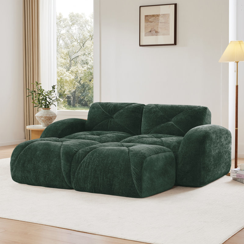 Canapé modulaire rembourré en velours 2 places avec 2 repose-pieds Dash, Vert