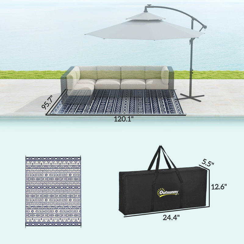 Reversible Outdoor Rug, 8' x 10' Waterproof Plastic Straw Floor Mat, Portable RV Camping Carpet, Large Floor Mat for Backyard, Deck, Picnic, Beach, Blue & White Geometric