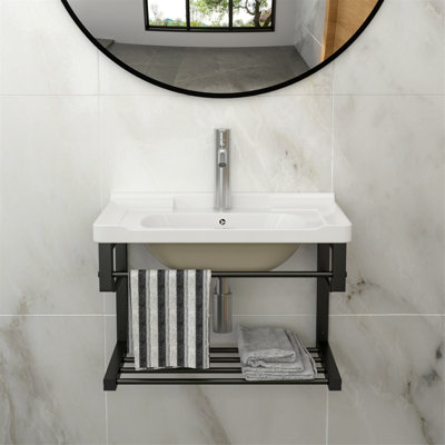 Lavabo mural, lavabo de salle de bain rectangulaire avec barre à serviettes et trop-plein