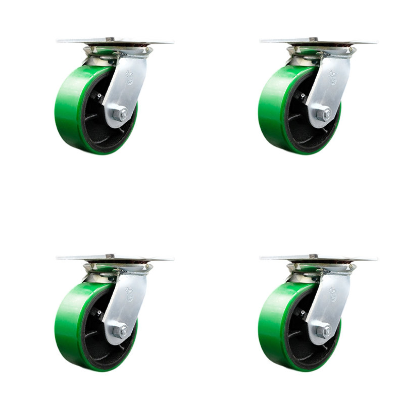 5 Inch Heavy Duty Green Poly on Cast Iron Caster Set with Ball Bearings Set of 4, Green