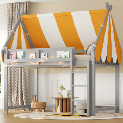 Full Size Loft Bed With Canopy, LED Lights & Book Shelf