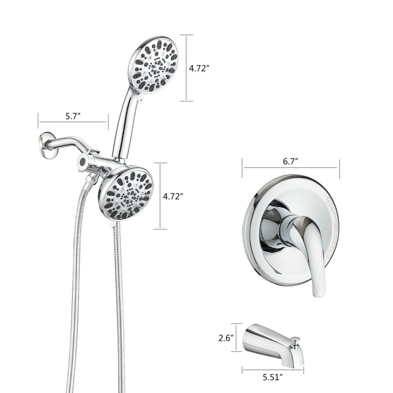 High Tub Spout Shower System - Dual 2 In 1 Faucet With Valve. 7 Spray Patterns For Comfortable Shower. . Metal Structure. 1.8 Gpm. 59" Hose. 1/2" Connection Wall Mounted Faucet. Modes Head & Hand