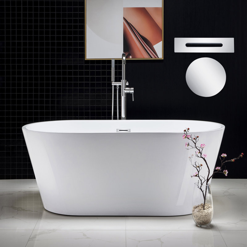 59'' x 29.5'' Freestanding Soaking Acrylic Bathtub, Chrome, White