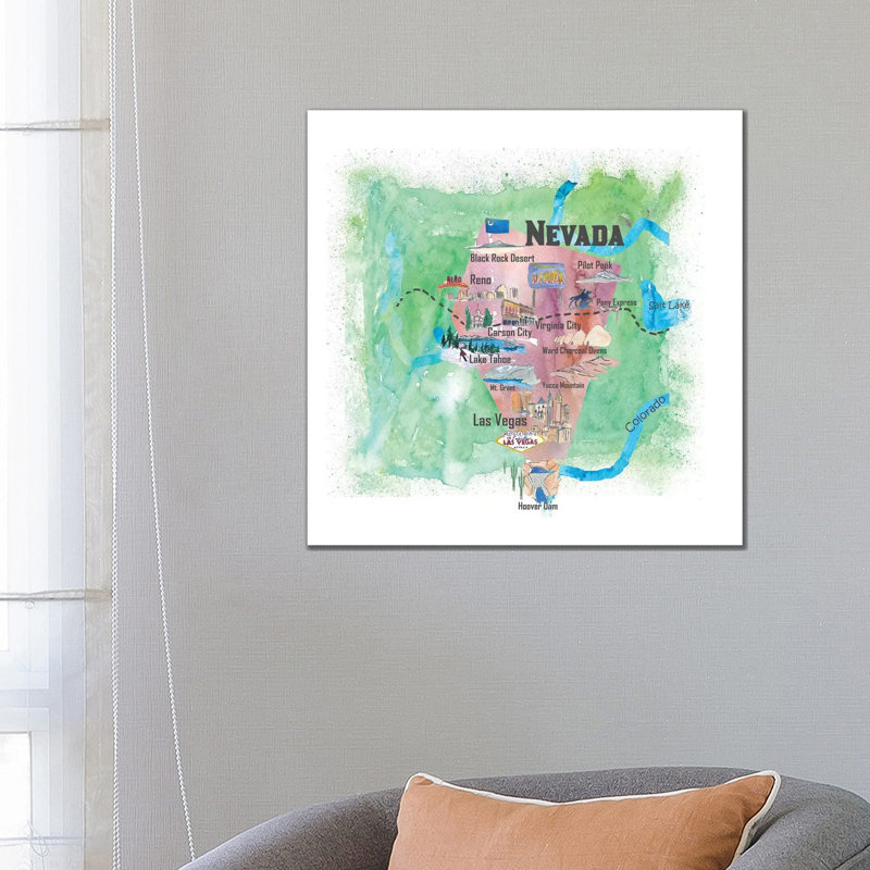 USA, Nevada Illustrated Travel Poster 1 Piece Wrapped Canvas Wall Art, 66.04 cm H x 66.04 cm W x 1.91 cm D