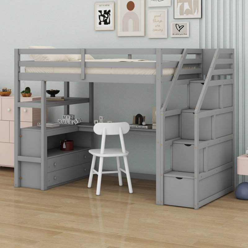 Lit mezzanine avec bureau et tablettes, tiroirs, escalier de rangement, gris, Lit simple