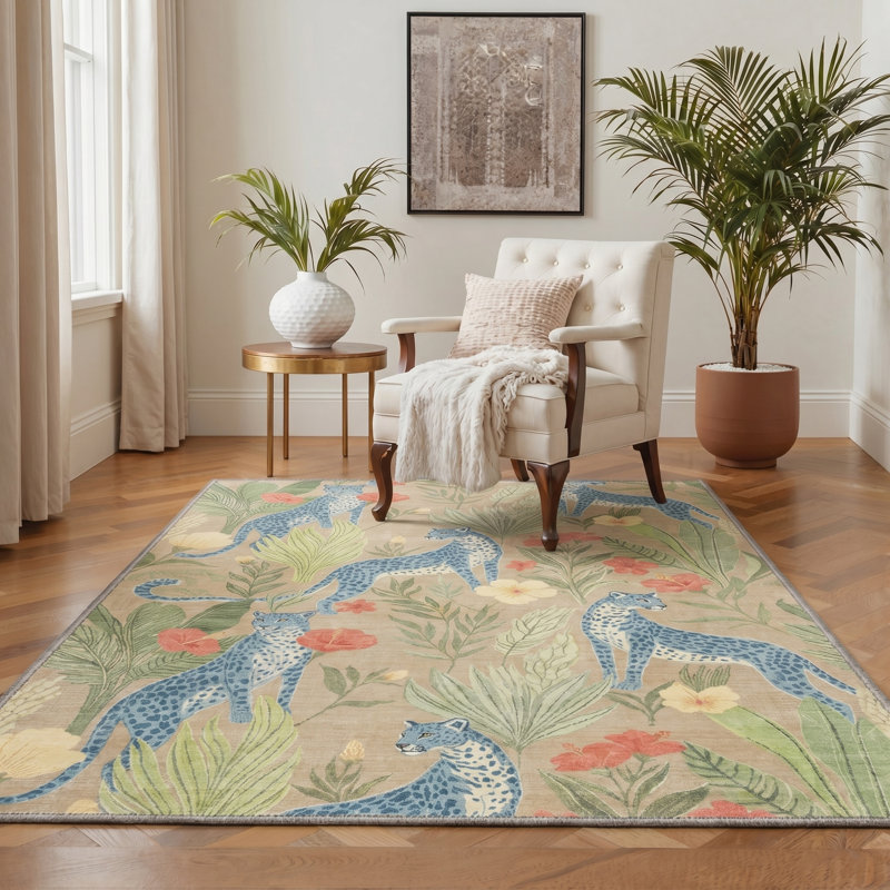 Tapis d'intérieur bleu / vert lavable à la machine avec envers antidérapant Abraham Verdure, Rectangle 9 pi x 12 pi