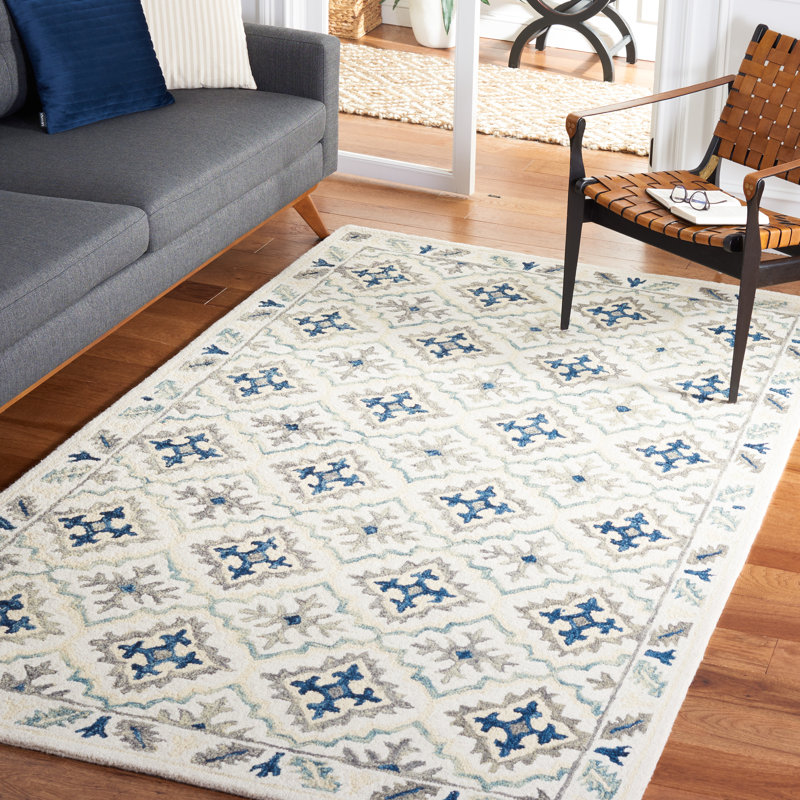Betsy-Belle Hand Tufted Wool/Cotton Geometric Rug in Blue/Ivory, Rectangle 5' x 8'