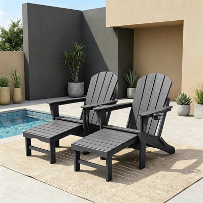 HDPE Folding Adirondack Chairs with Retractable Ottoman, 5-Position Adjustable Backrest (Set of 2)