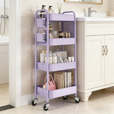 Chariot roulant à quatre couches avec planche de suspension, chariot de rangement et de tri en métal, équipé de roues, de crochets et de boîtes de rangement, convient aux esthéticiennes et aux artisans, robuste et durable, peut être utilisé dans les salles de bain, les cuisines, les bureaux, etc.