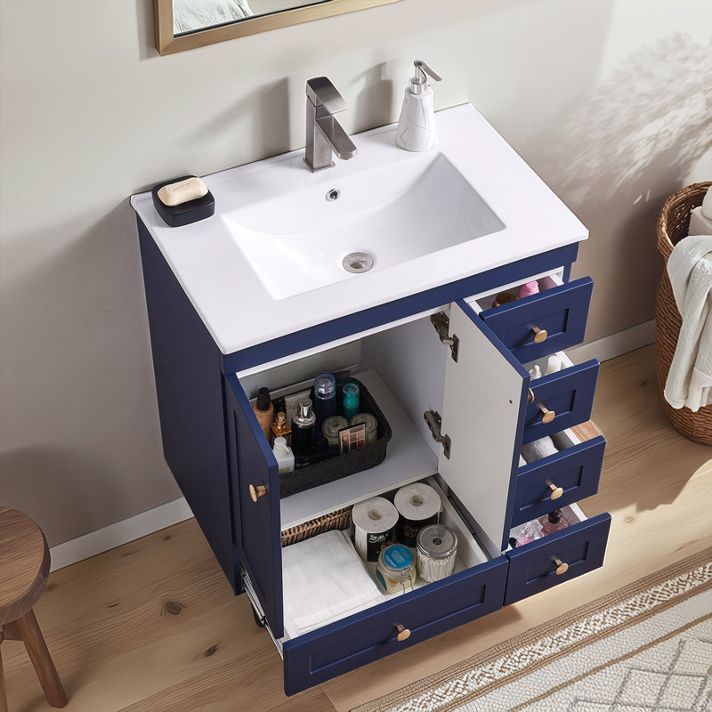 30'' Blue Modern Free-Standing Single Bathroom Vanity Set, Blue/Gold