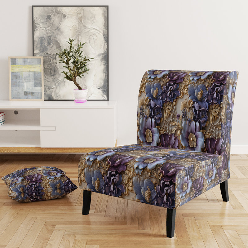 Royal et mauve et doré Regal Opulence - Fauteuil de chambre rembourré de style campagnard, fauteuil d'appoint floral rustique