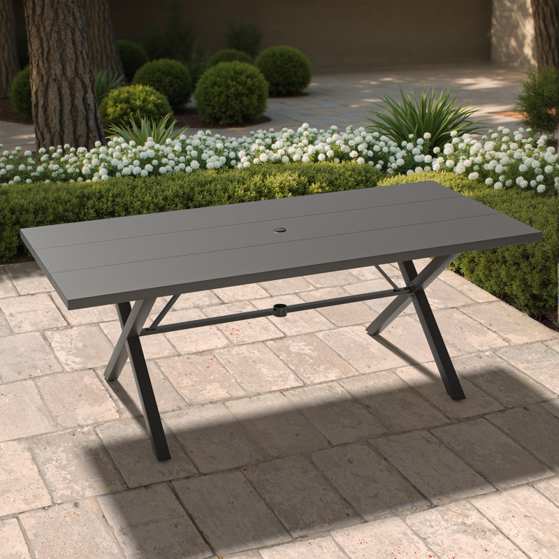 Rectangular 78" x 35" Sleek Powder-Coated Iron Patio Dining Table with Umbrella Hole
