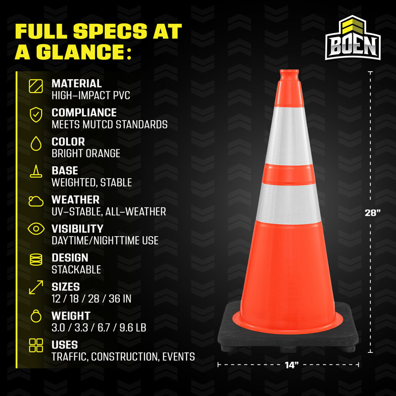Cônes de signalisation orange Boen de 71 cm (28 po), paquet de 100, conformes à la norme MUTCD, avec 2 colliers réfléchissants et une base de 3,2 kg (7 lb) pour les travaux routiers, le stationnement et la signalisation.