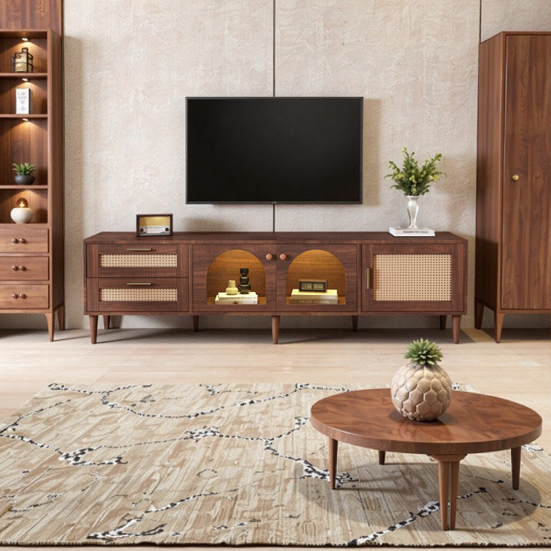 Meuble télé 70,8 po en rotin avec lumières DEL, 3 armoires et 2 tiroirs, Bois brun