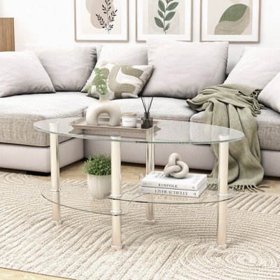 Table basse ovale en verre transparent, table moderne avec pieds en acier inoxydable, table basse en verre à 3 couches pour le salon