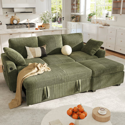 George 81" Upholstered Corduroy L Shape Modular Sectional Sleeper Sofa with Pull Out Bed and Storage Ottoman