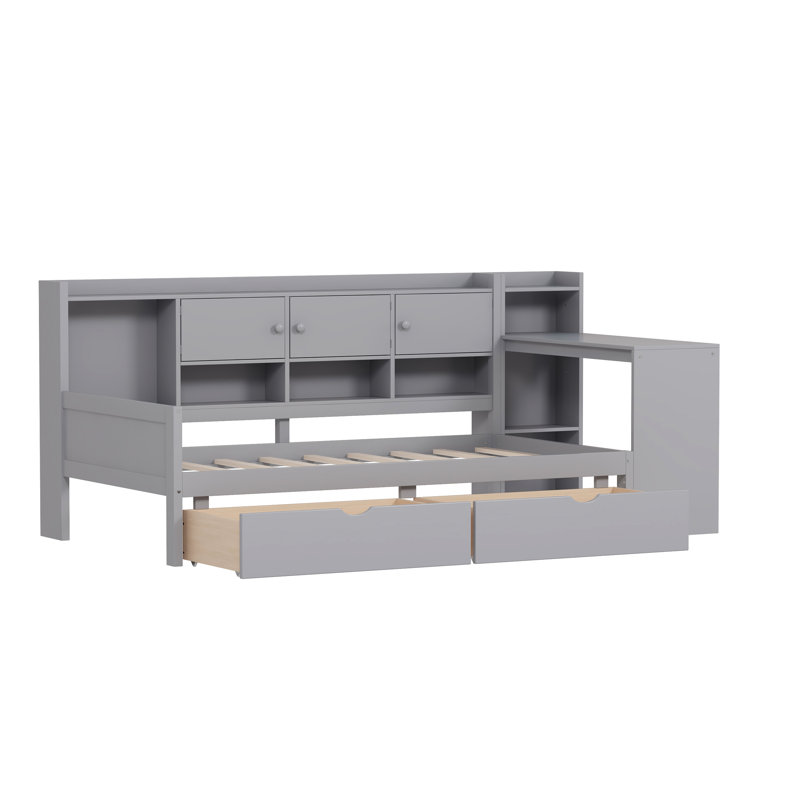 Lit de jour en L gris avec rangement et bureau d'étude, structure stable pour petits bureaux, 3 tiroirs, lit multifonctionnel et bureau polyvalent