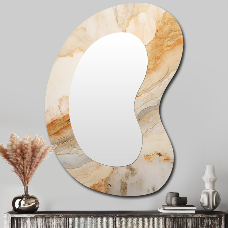 Evalou Gold And White Marble River I - Marble Asymmetrical Decorative Mirror, Modern Unique Shape Wall Mirror, Printed Metal Art