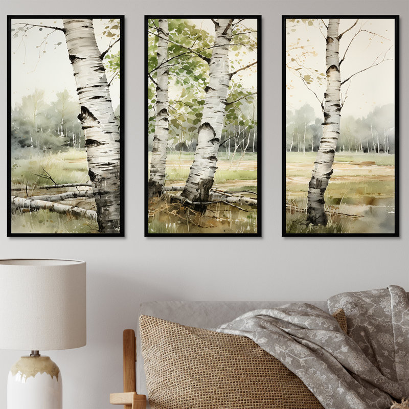 «Green Birch Wood Beauty», ensemble d'art mural bouleau vert, H 28 po x l 36 po x P 1 po, Cadre flottant noir