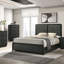 Grand lit à panneau tapissier noir moderne avec tissu gris anthracite, coins arrondis, bas et bois d'hévéa pour chambre à coucher avec placage Mid-Century