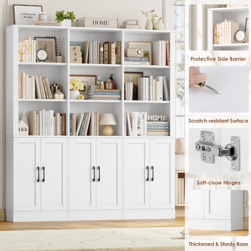 70.1"H x 63"W Wide Triple 5-Tier Storage Bookcase With 3-Tier Open Shelves and 3 Double-door Cabinets  | Tall Storage Cabinet for Home & Office Organization