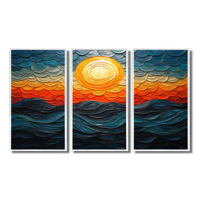 Sunrise - ensemble de décorations murales Op Art, H 28 po x l 36 po x P 1 po, Toile avec cadre flottant noir
