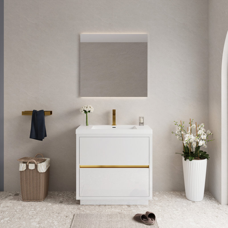 Meuble-lavabo autoportant avec lavabo, meuble-lavabo avec comptoir en résine de pierre et tiroirs à fermeture en douceur