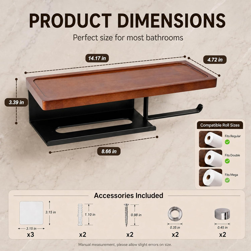 Porte-papier hygiénique en bois massif avec tablette, fixation murale noire auto-adhésive