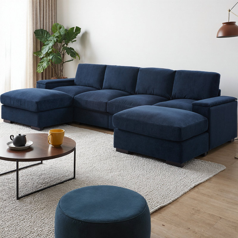 Canapé modulaire en U avec 2 repose-pieds mobiles, canapé-lit à siège profond 4 places, meubles de salon rembourrés en polyester avec rangement pour accoudoirs et assemblage facile